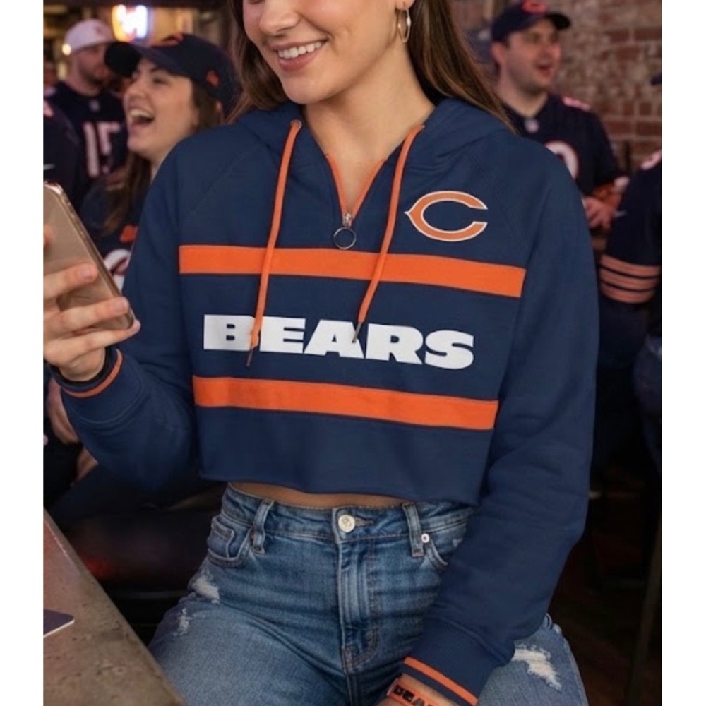 NFL Team Apparel Chicago Bears Navy Blue Orange Quarter Zip Hoodie Womens Small